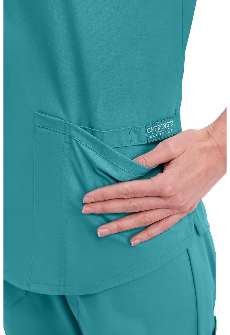 Cherokee Womens V Neck Scrub Top Modern Classic Fit Stretch Easy Care Durable Workwear Medical Uniform - WW665, S, Teal Blue - Image 2